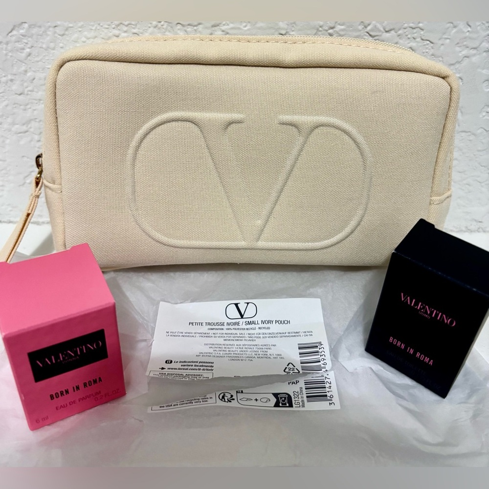 Valentino Beige Pouch with Embossed Logo w/ travel sized perfumes for women/men